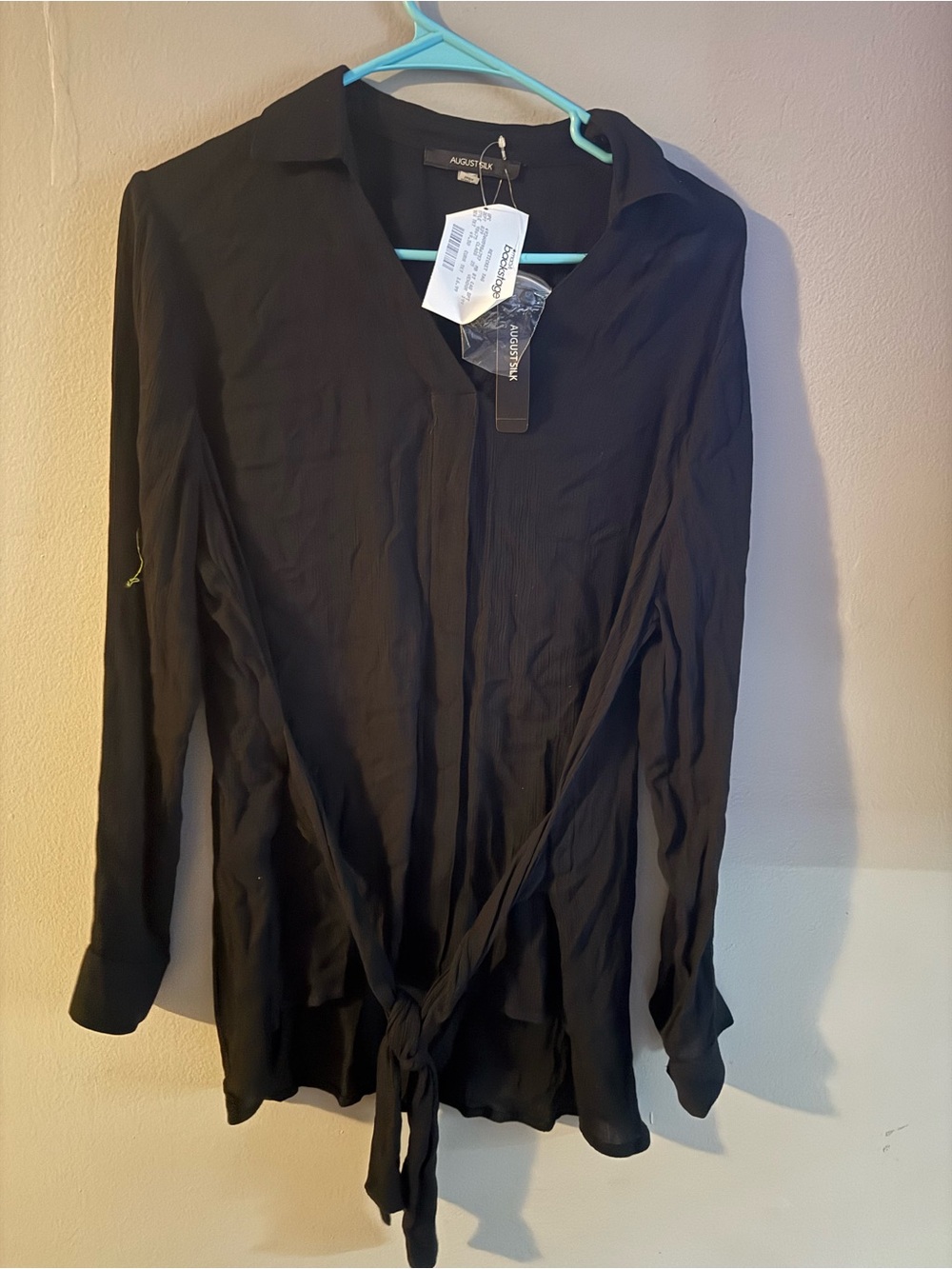 august silk Black Long-Sleeve Button-Down Tie-Front Shirt